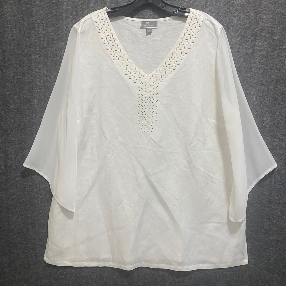 JM Collection Tunic Top Womens XL White Linen Sequin Sheer Sleeves Cottagecore
